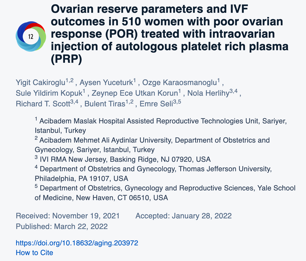Ovarian reserve parameters and IVF outcomes in 510 women with poor ovarian response (POR) treated with intraovarian injection of autologous platelet rich plasma (PRP)
