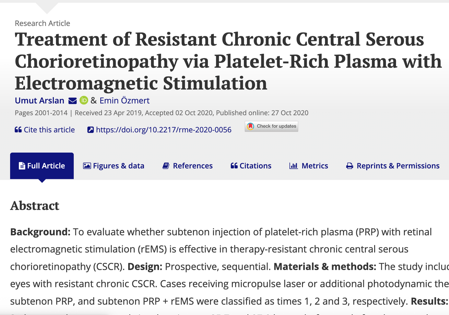 Treatment of Resistant Chronic Central Serous Chorioretinopathy via Platelet-Rich Plasma with Electromagnetic Stimulation