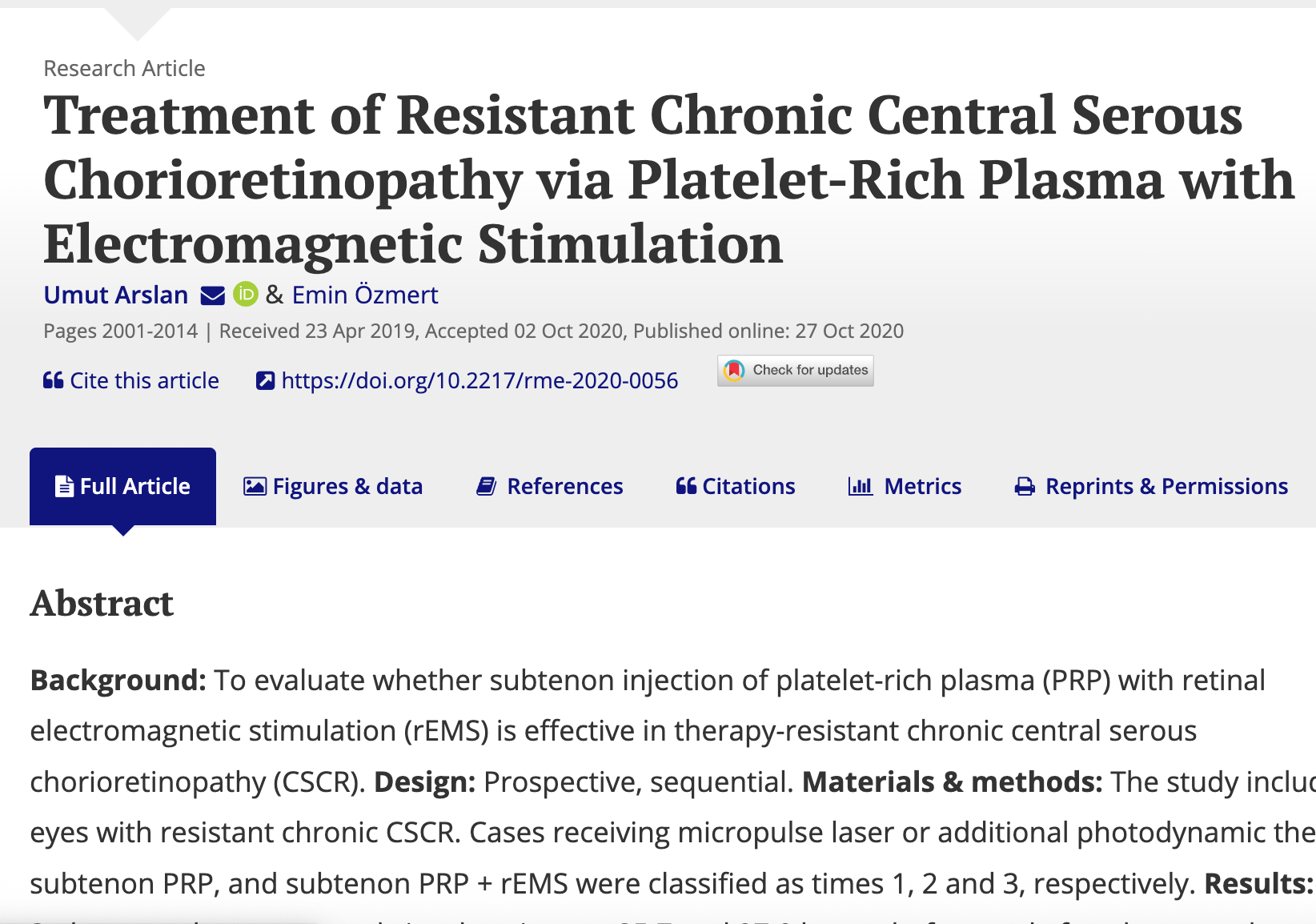 Treatment of Resistant Chronic Central Serous Chorioretinopathy via Platelet-Rich Plasma with Electromagnetic Stimulation