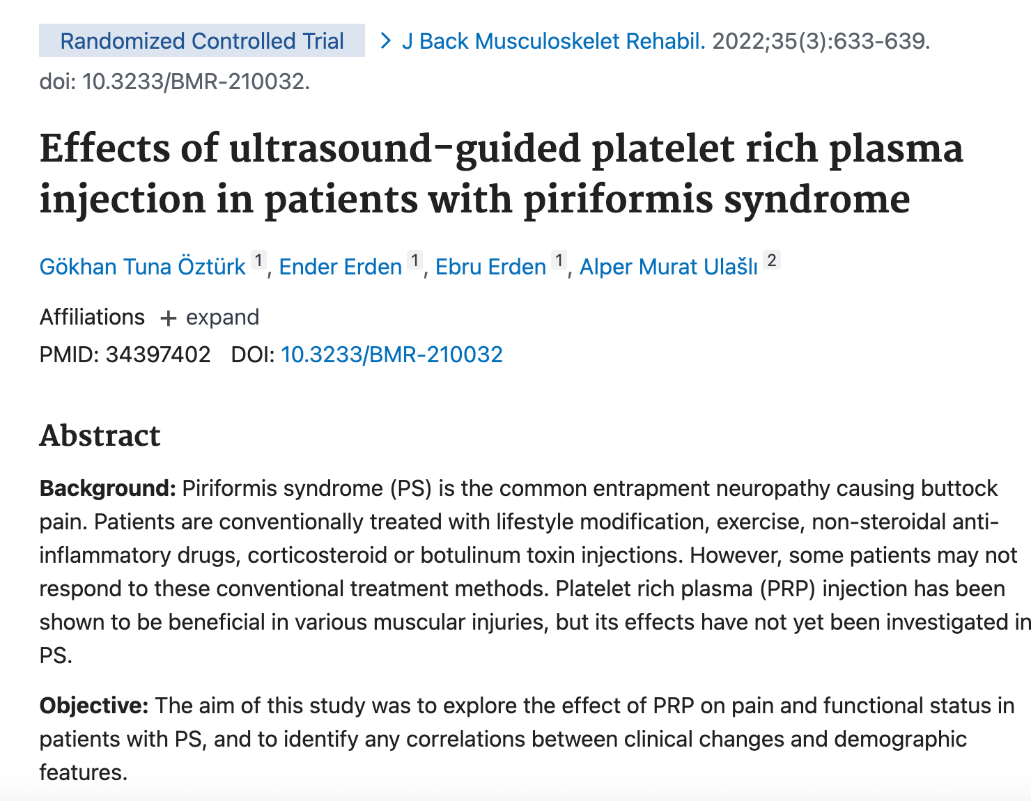 Effects of ultrasound-guided platelet rich plasma injection in patients with piriformis syndrome