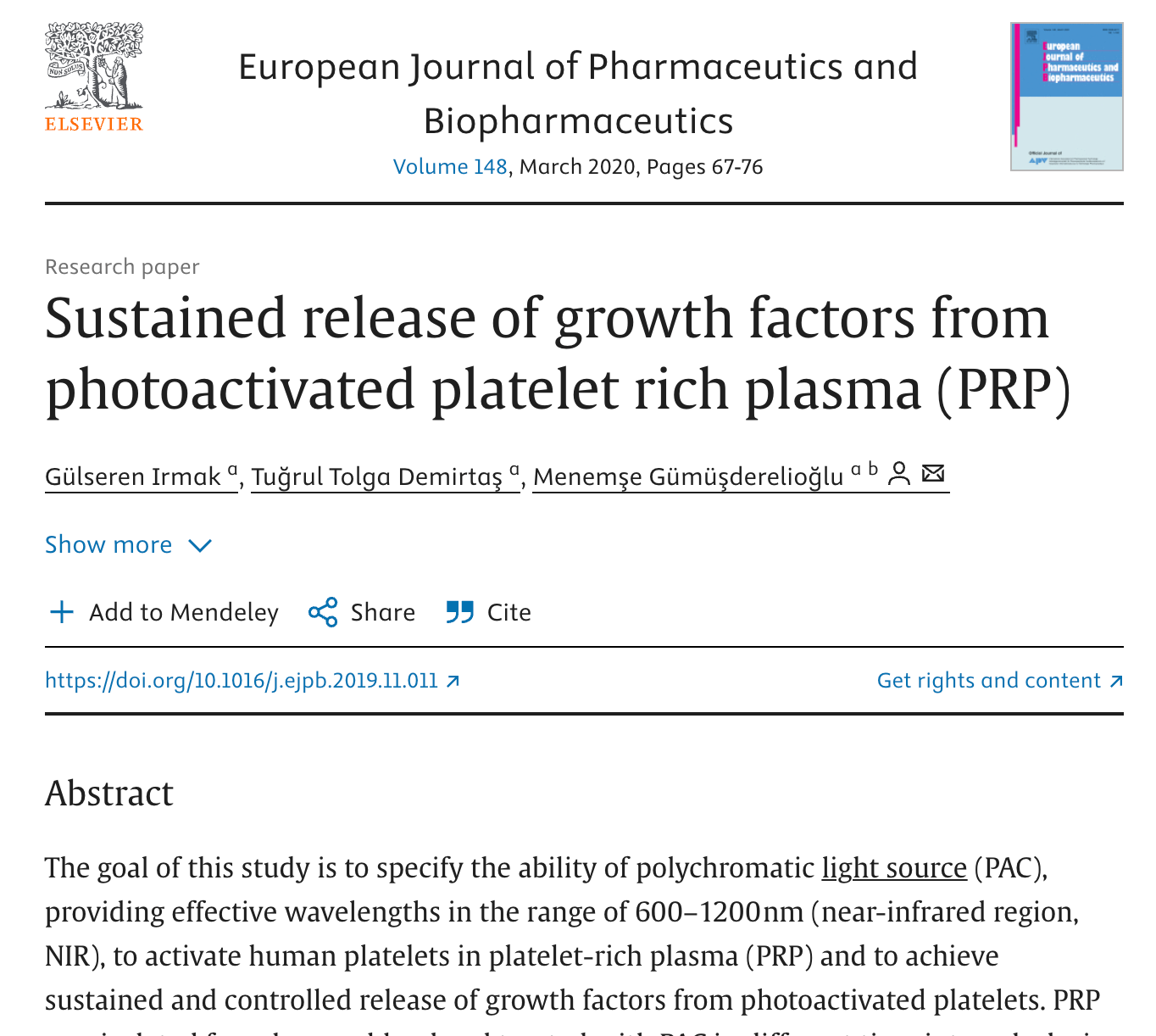 Sustained release of growth factors from photoactivated platelet rich plasma (PRP)