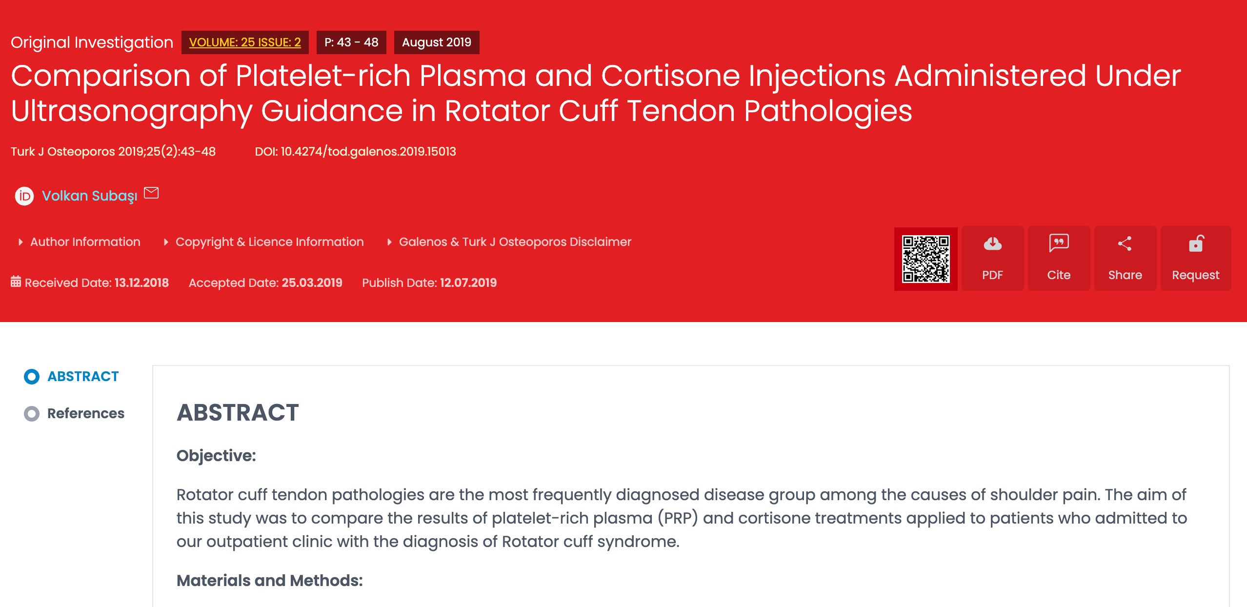 Comparison of Platelet-rich Plasma and Cortisone Injections Administered Under Ultrasonography Guidance in Rotator Cuff Tendon Pathologies