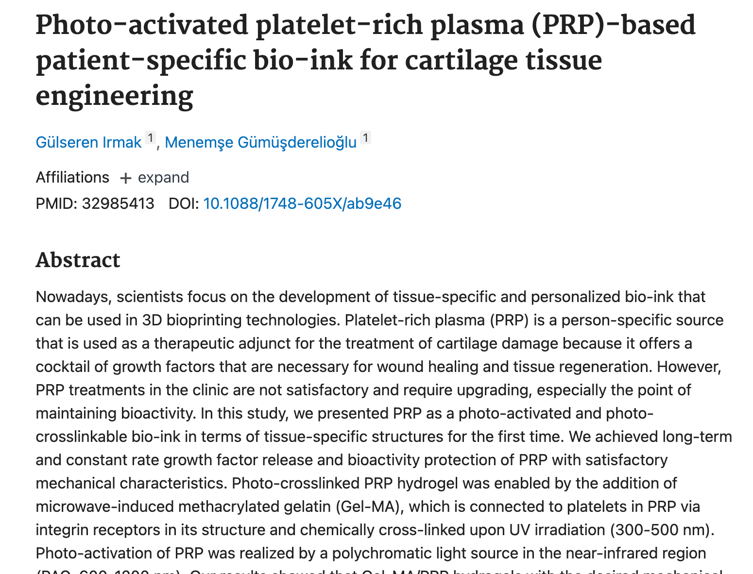 Photo-activated platelet-rich plasma (PRP)-based patient-specific bio-ink for cartilage tissue engineering