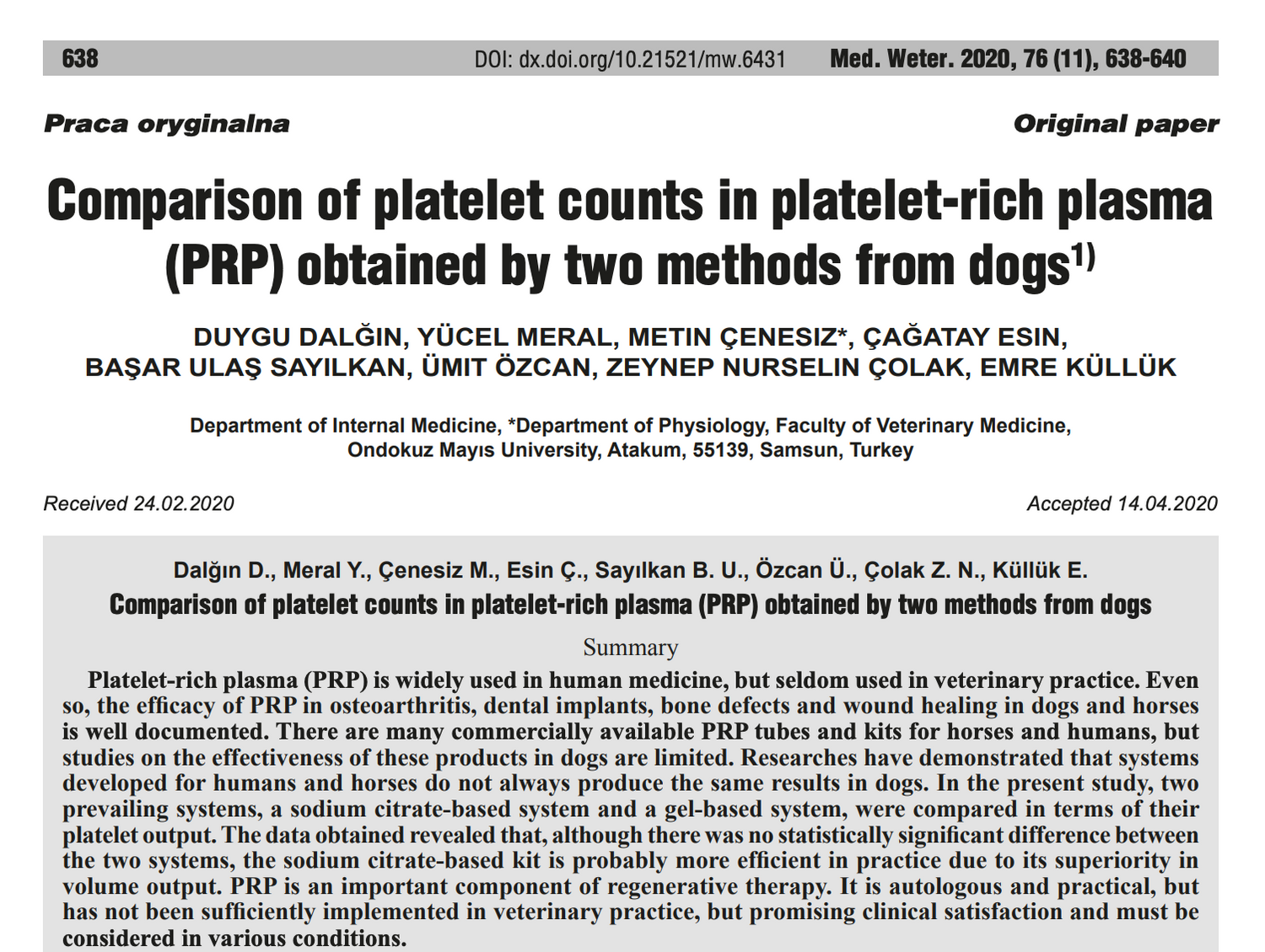 Comparison of platelet counts in platelet-rich plasma (PRP) obtained by two methods from dogs