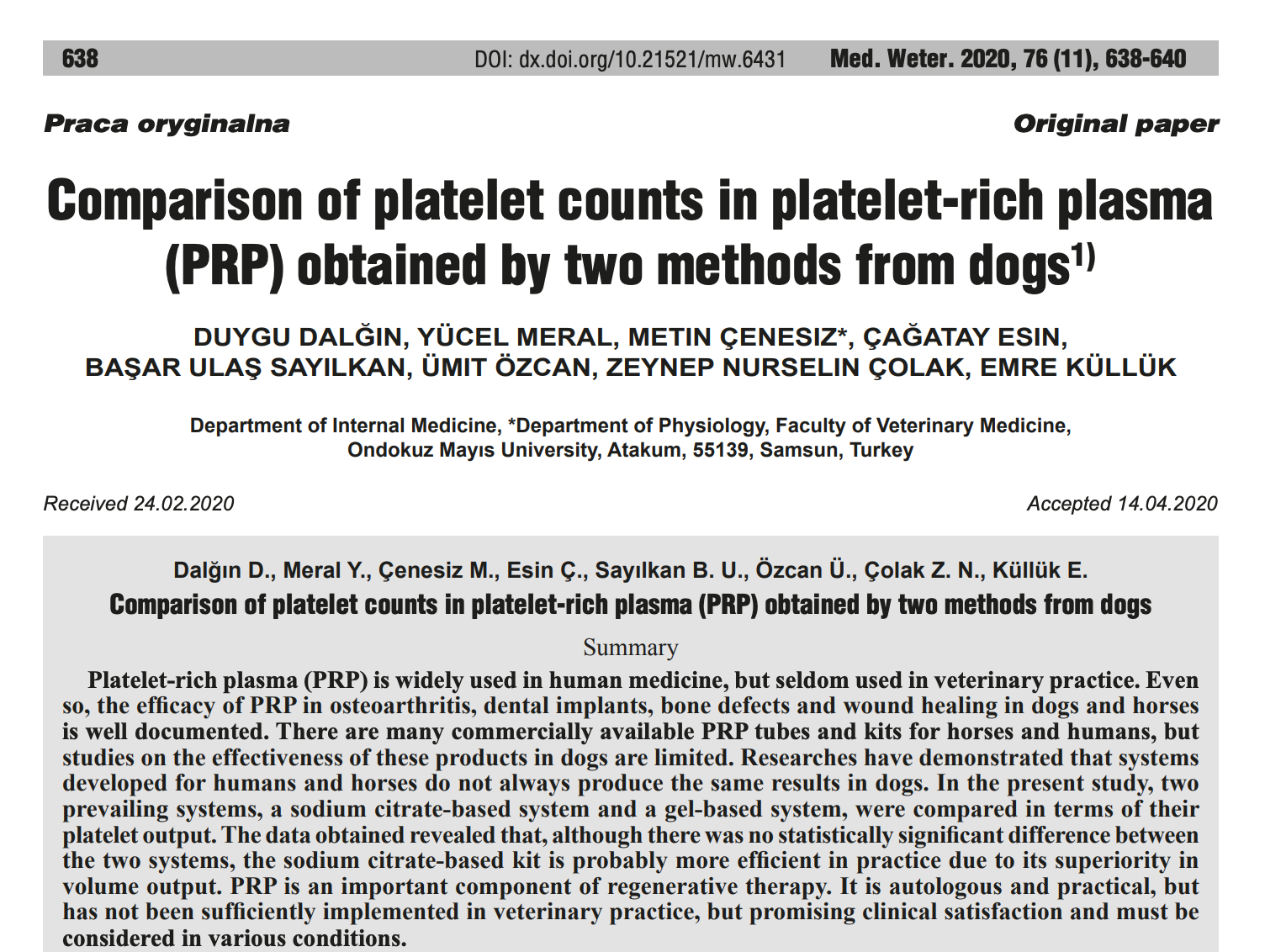 Comparison of platelet counts in platelet-rich plasma (PRP) obtained by two methods from dogs