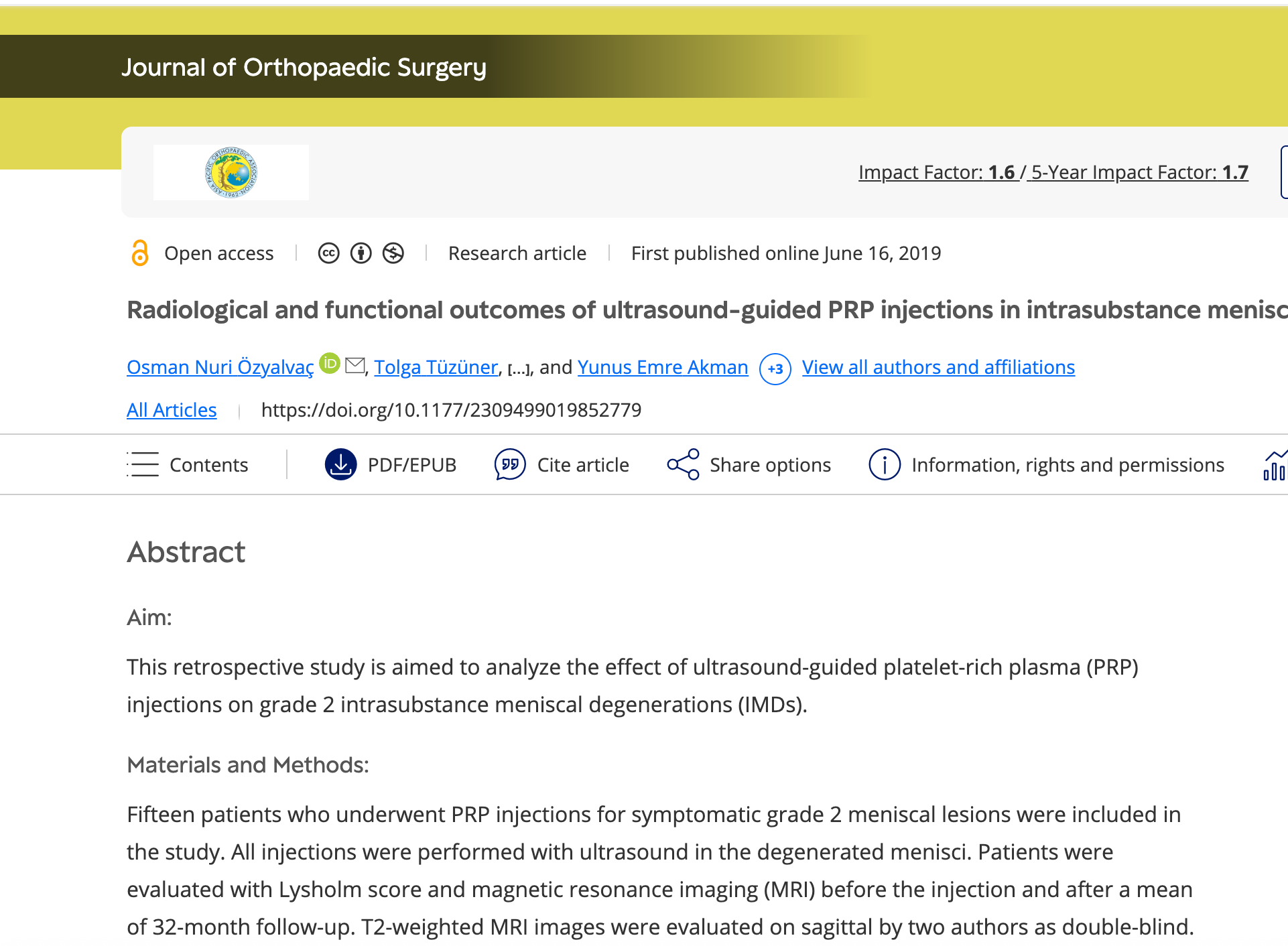 Radiological and functional outcomes of ultrasound-guided PRP injections in intrasubstance meniscal degenerations