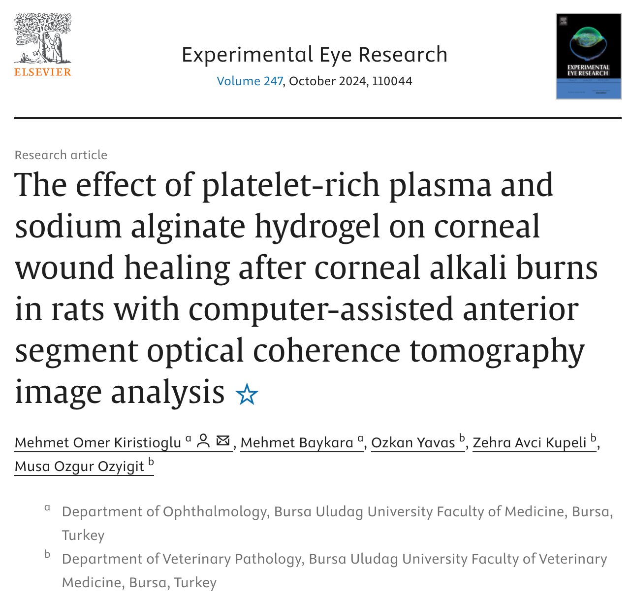 The effect of platelet-rich plasma and sodium alginate hydrogel on corneal wound healing after corneal alkali burns in rats with computer-assisted anterior segment optical coherence tomography image analysis
