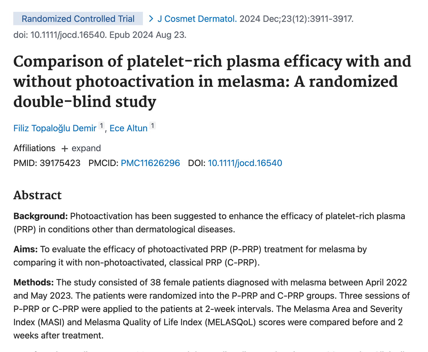 Comparison of platelet-rich plasma efficacy with and without photoactivation in melasma: A randomized double-blind study