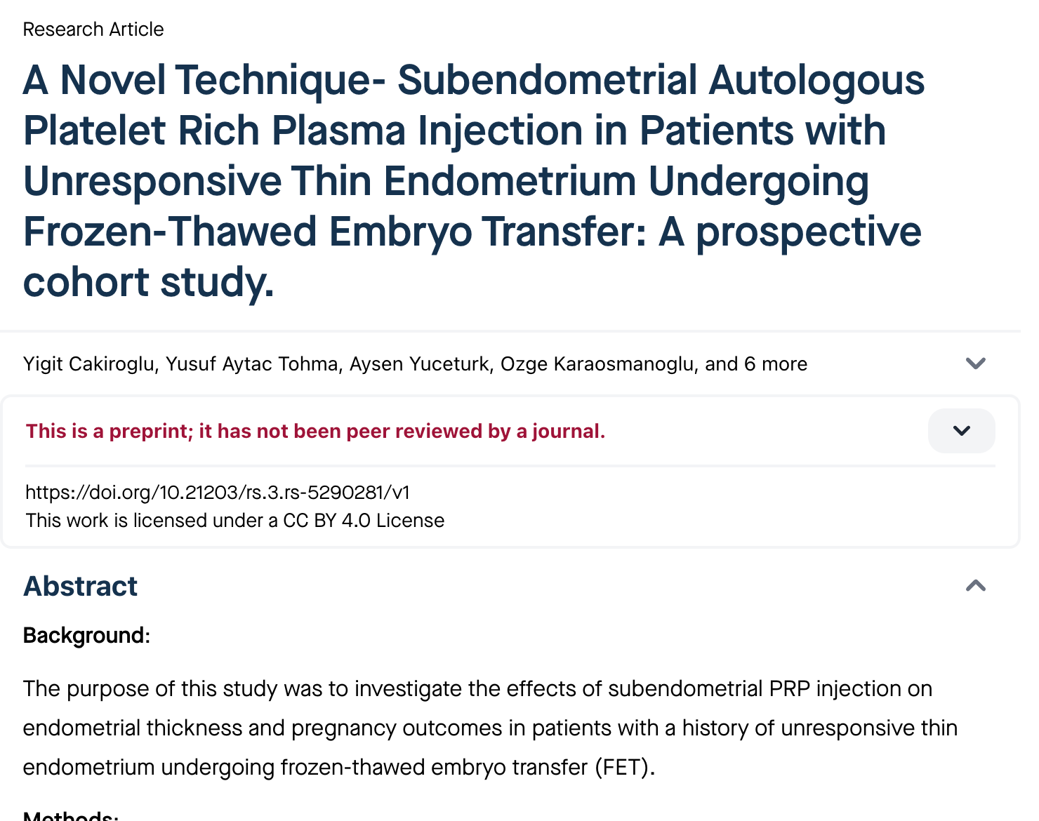 A Novel Technique- Subendometrial Autologous Platelet Rich Plasma Injection in Patients with Unresponsive Thin Endometrium Undergoing Frozen-Thawed Embryo Transfer: A prospective cohort study.