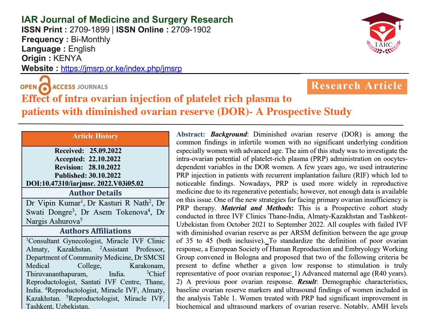 Effect of intra ovarian injection of platelet rich plasma to patients with diminished ovarian reserve (DOR)- A Prospective Study