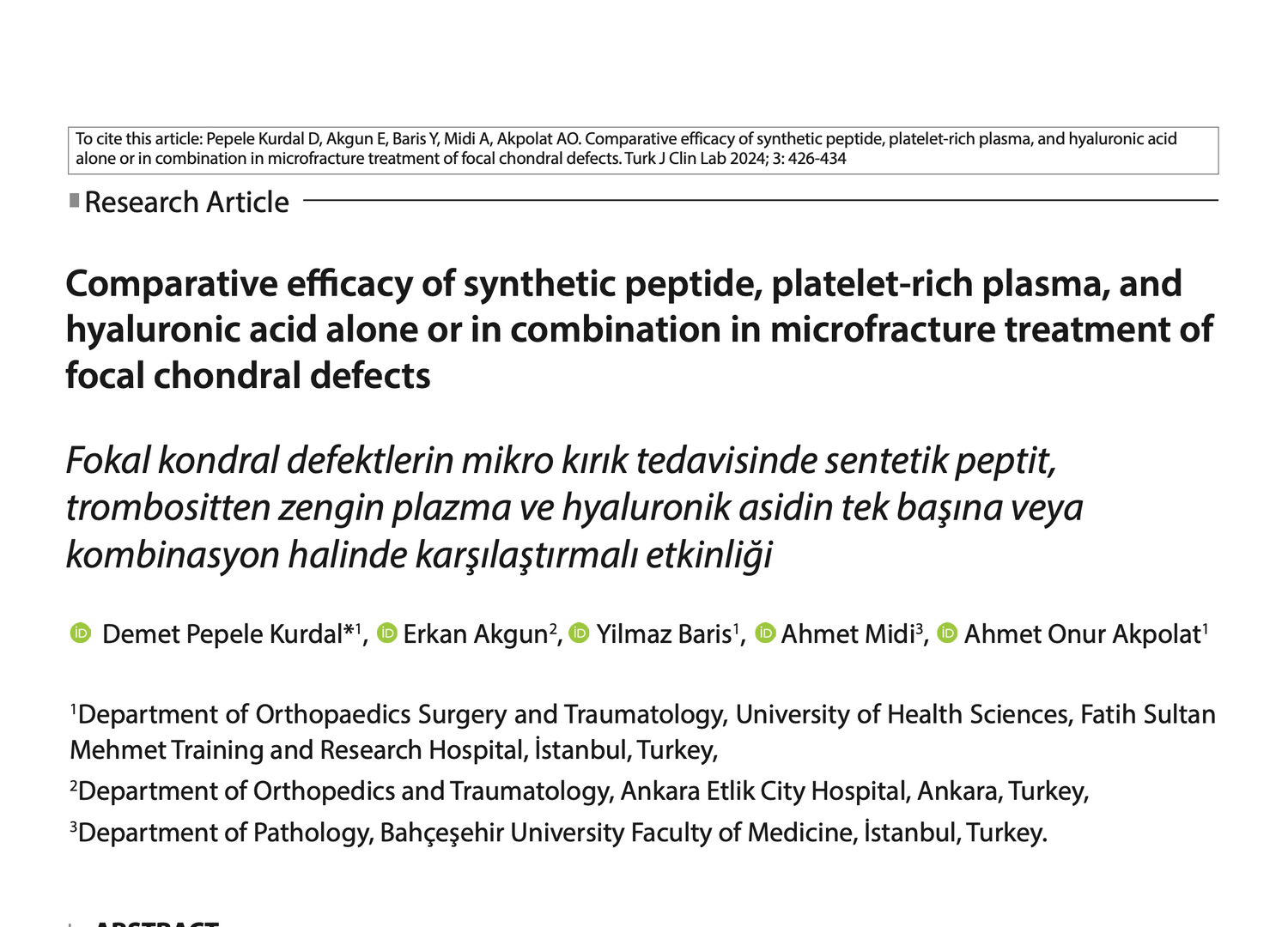 Comparative efficacy of synthetic peptide, platelet-rich plasma, and hyaluronic acid alone or in combination in microfracture treatment of focal chondral defects