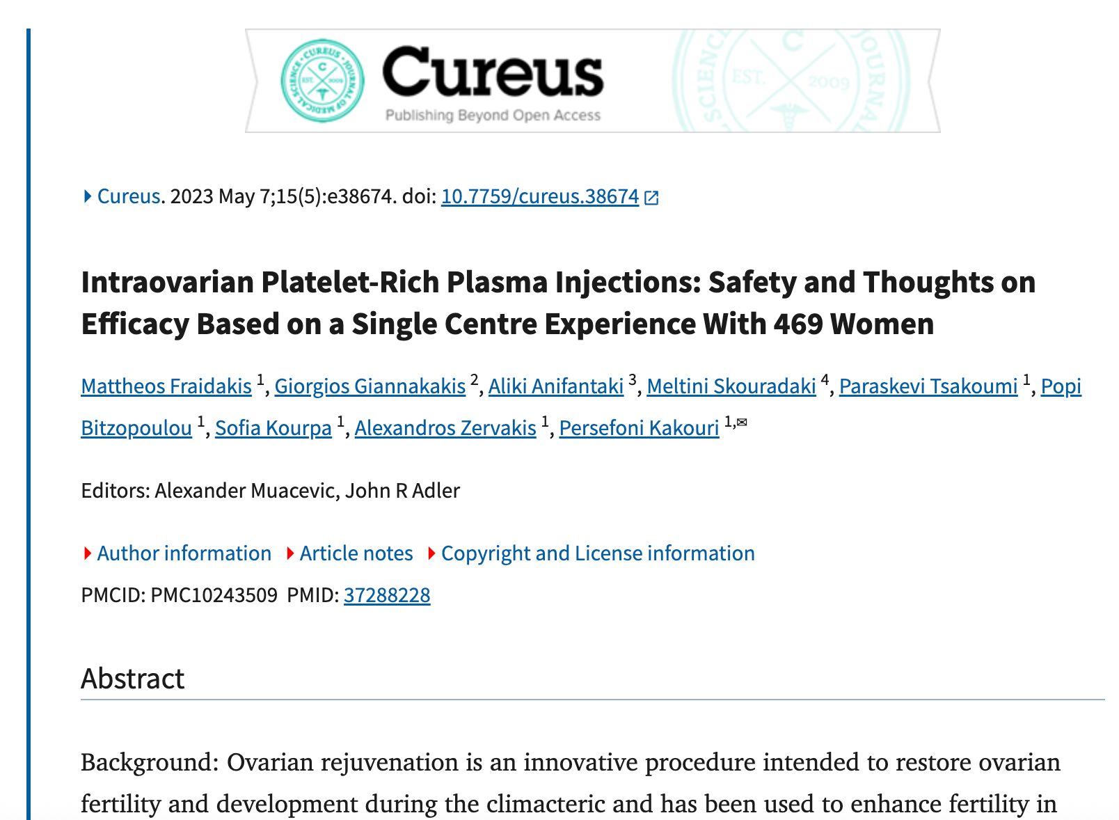 Intraovarian Platelet-Rich Plasma Injections: Safety and Thoughts on Efficacy Based on a Single Centre Experience With 469 Women