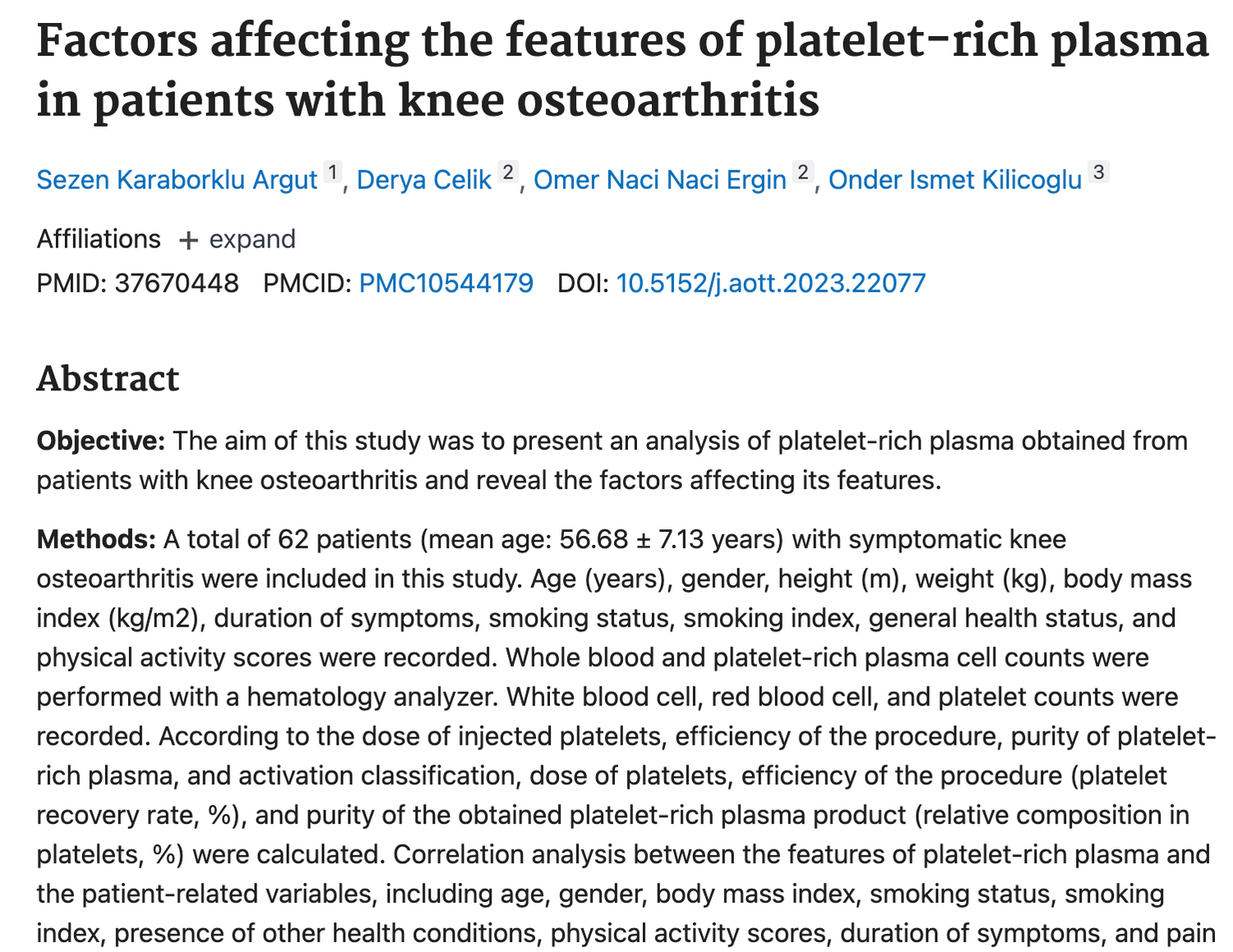 Factors affecting the features of platelet-rich plasma in patients with knee osteoarthritis